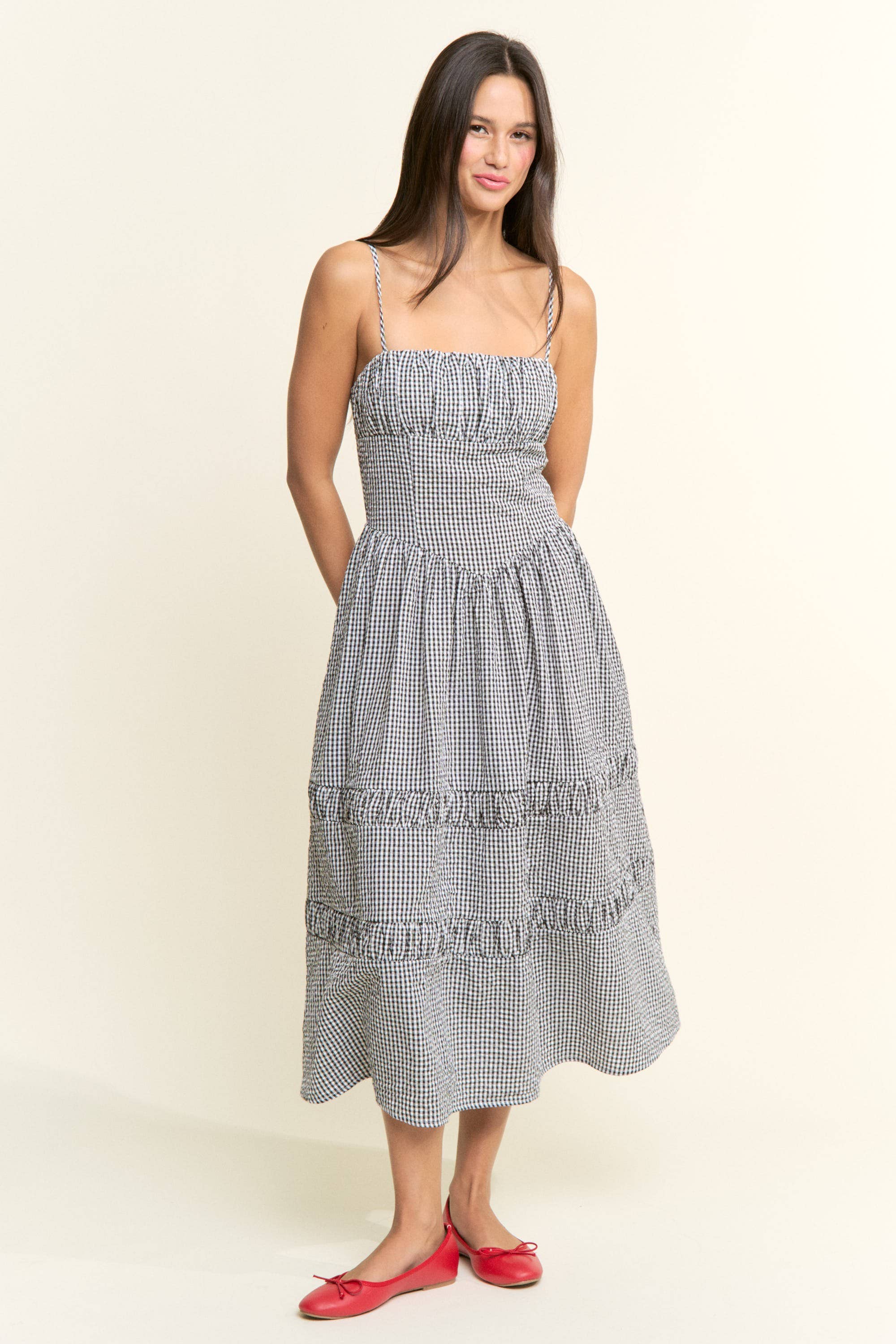Gingham Smocked Bodice Tiered Midi Dress