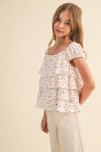 TWEEN GIRLS RUCHED SHOULDER RUFFLE CROPPED TOP