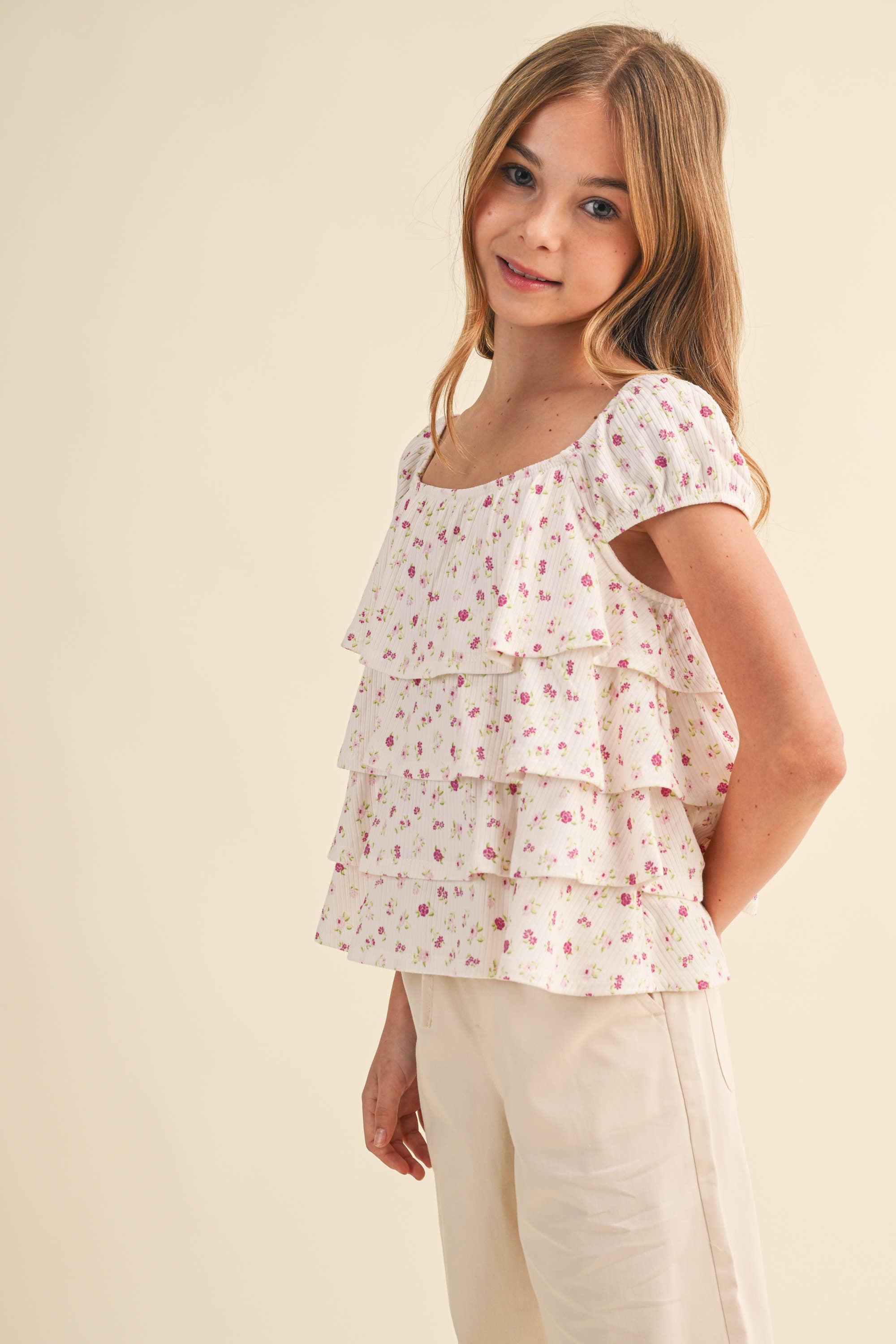 TWEEN GIRLS RUCHED SHOULDER RUFFLE CROPPED TOP