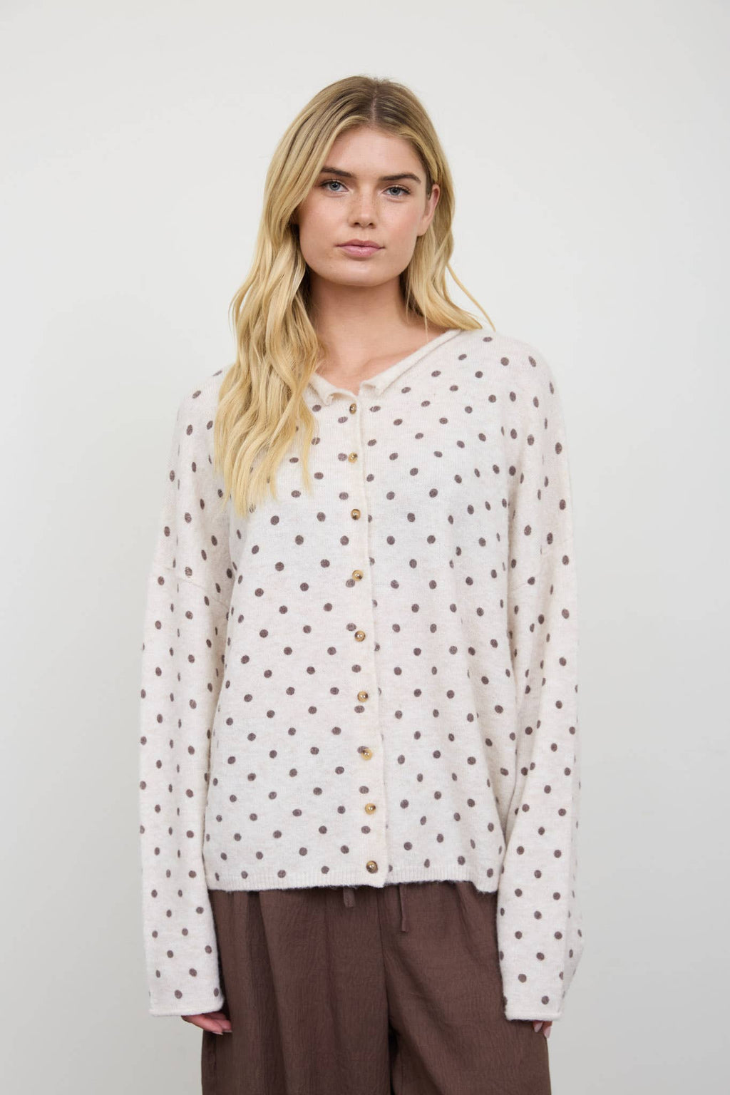 POLKA DOT BUTTON DOWN RAW EDGE KNIT CARDIGAN
