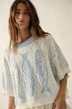 Three Fishes Textured Jacquard-Knit Short-Sleeve Sweater