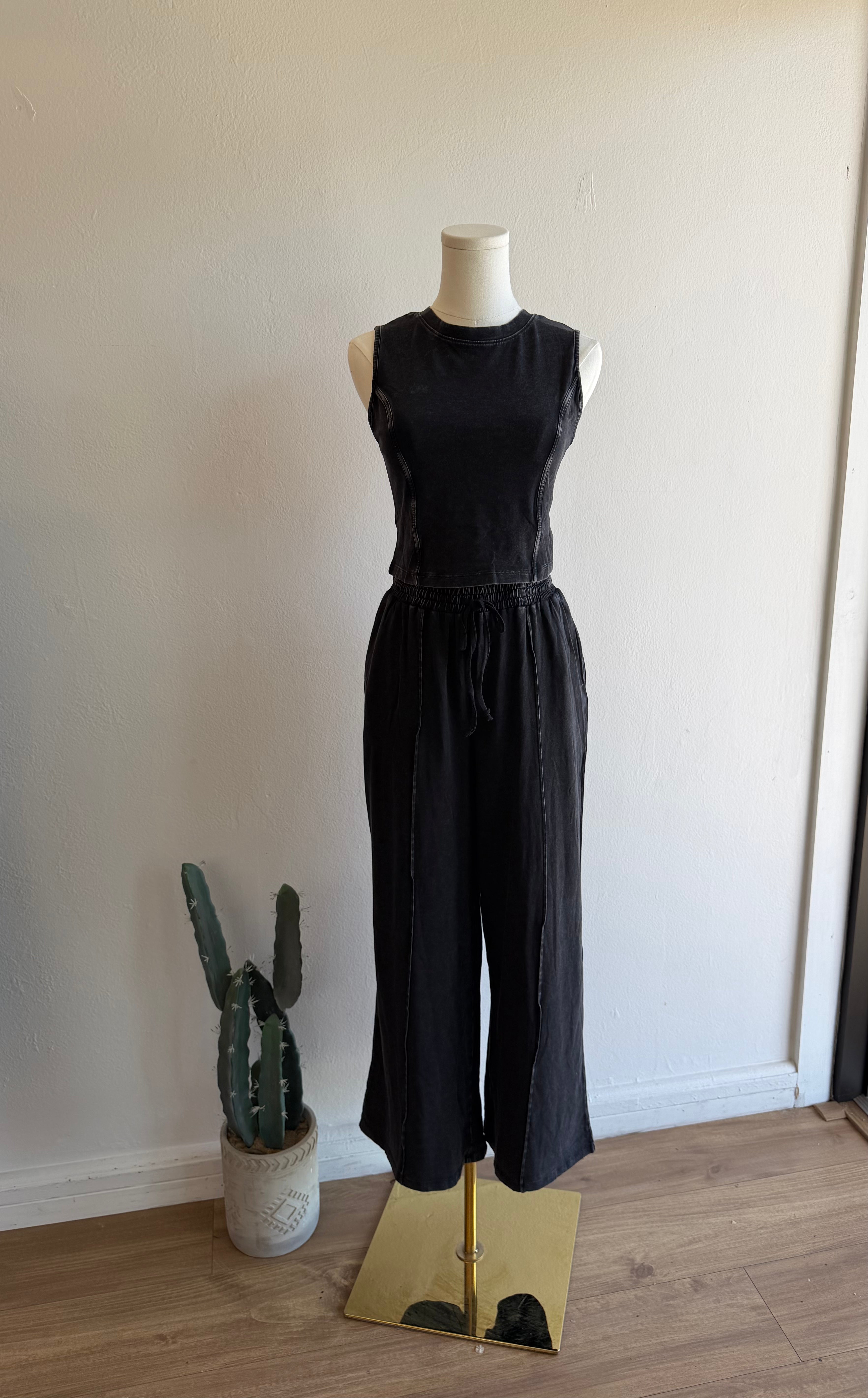 Mineral Washed Sleeveless Top & Wide Leg Pants Set