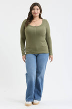 PLUS SCOOP NECK LONG SLEEVE HENLEY KNIT TOP