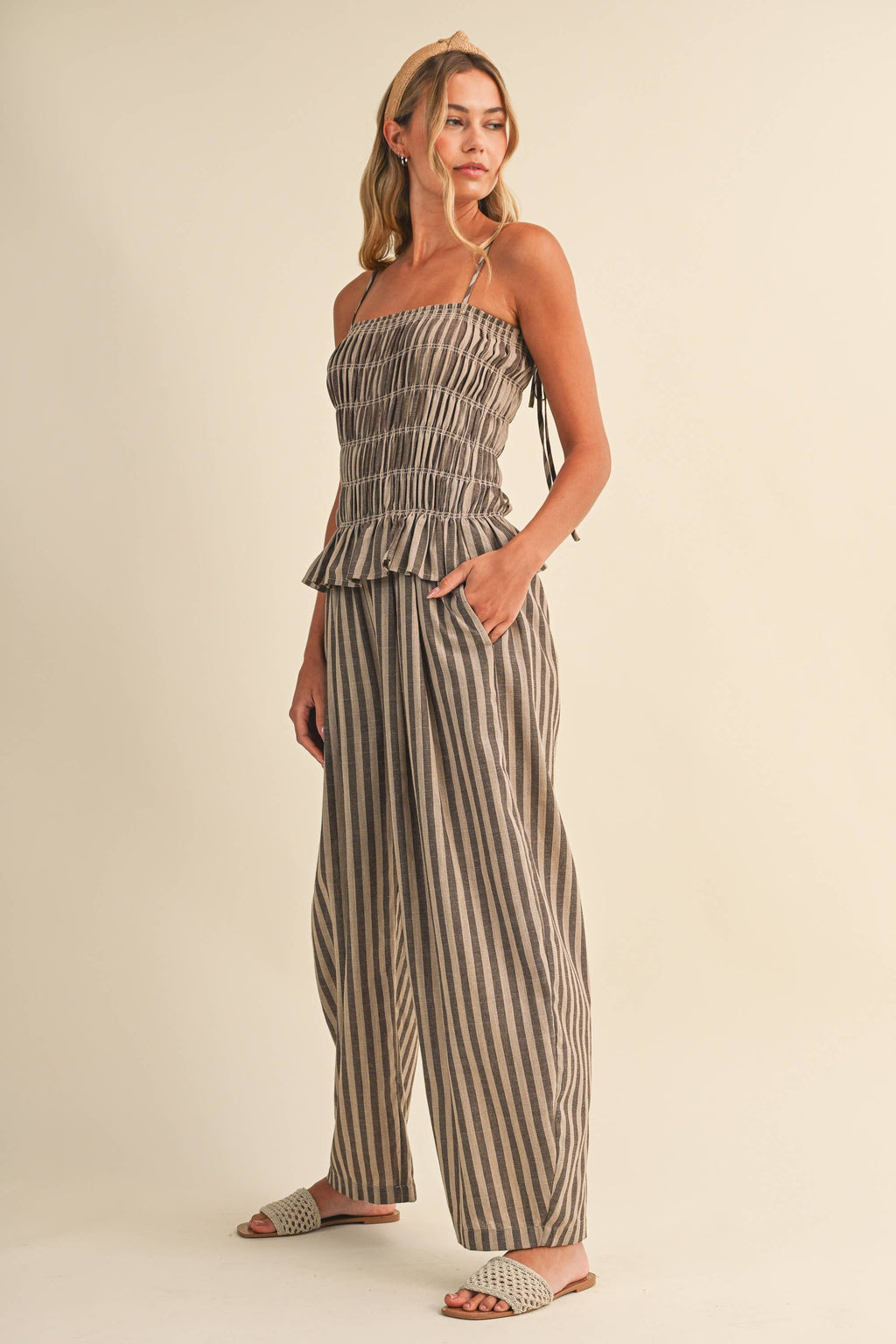 STRIPED RUFFLE HEM SMOCKED TOP PLAID WIDE LEG PANTS