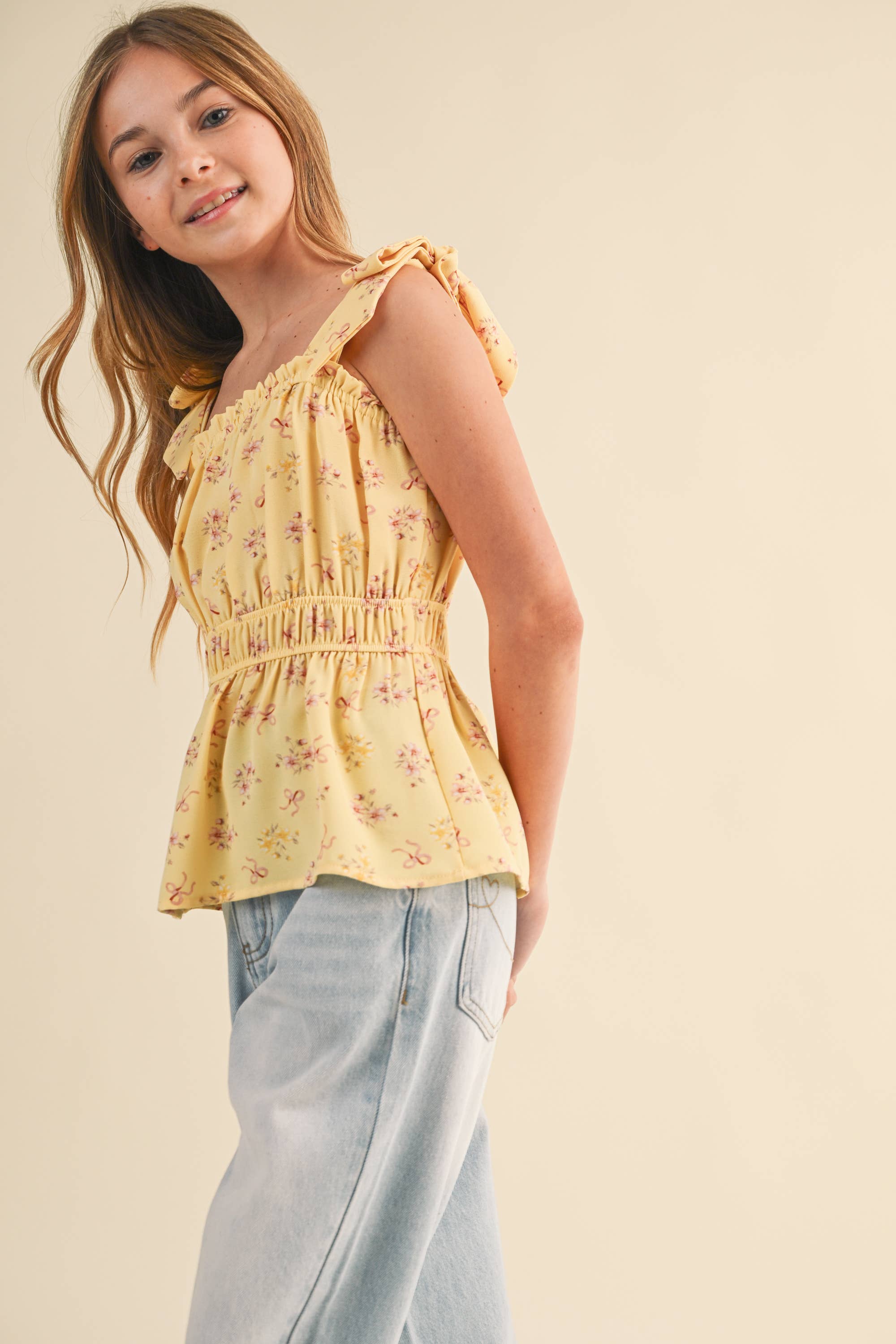 TWEEN GIRLS BOW SHOULDER PEPLUM TOP