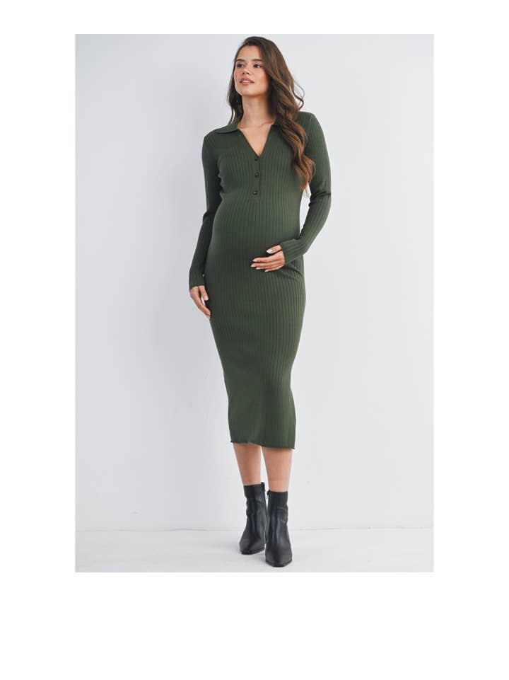 Ribbed Long Sleeve Maternity Collared Midi Dress (multiple colors)