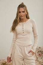 FITTED LONG SLEEVE RIBBED HENLEY KNIT TOP (multiple colors)