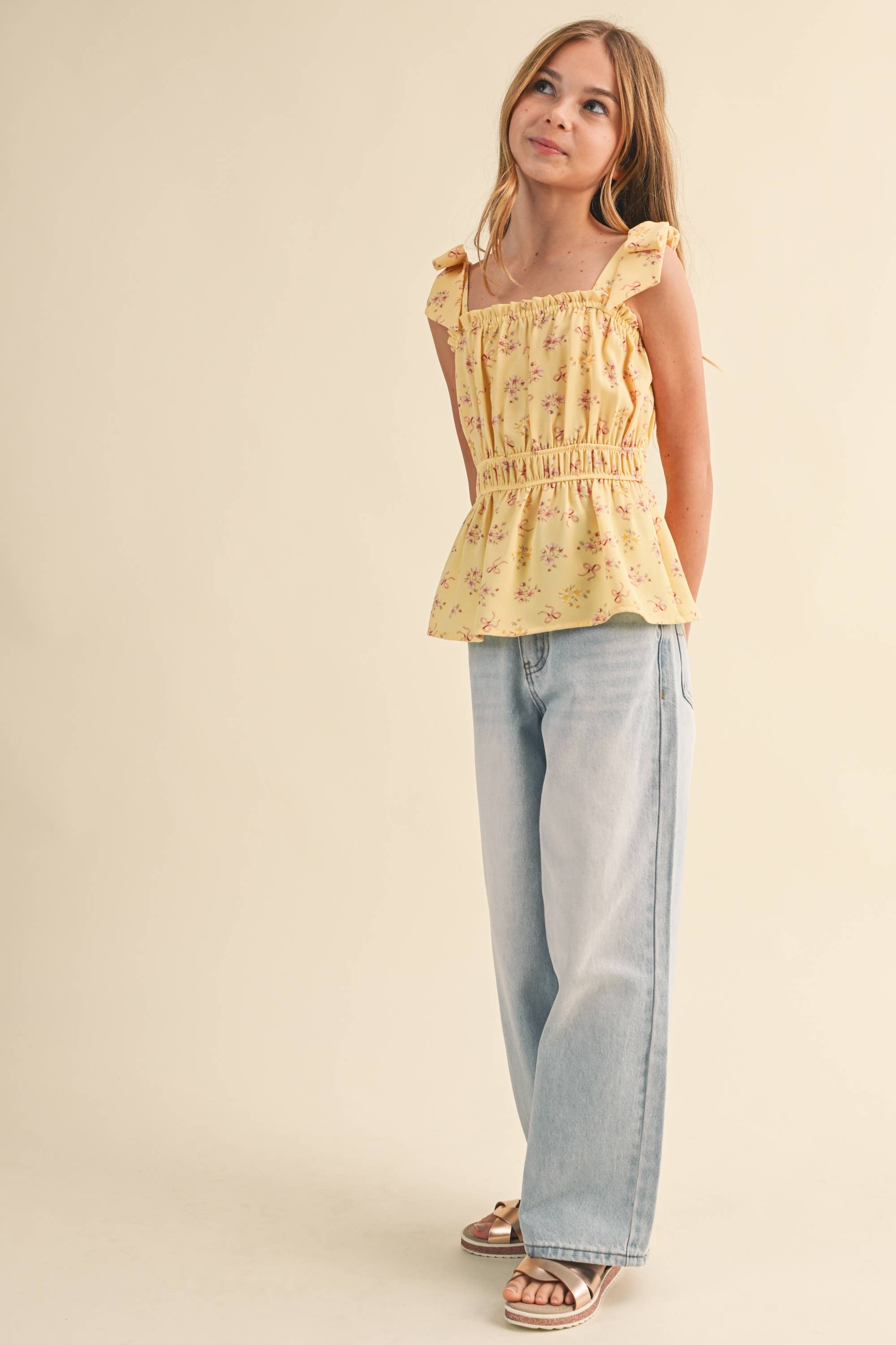 TWEEN GIRLS BOW SHOULDER PEPLUM TOP