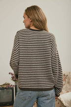 BUTTON HENLEY STRIPE LONG SLEEVE DROP SHOULDER SWEATER