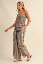 STRIPED RUFFLE HEM SMOCKED TOP PLAID WIDE LEG PANTS