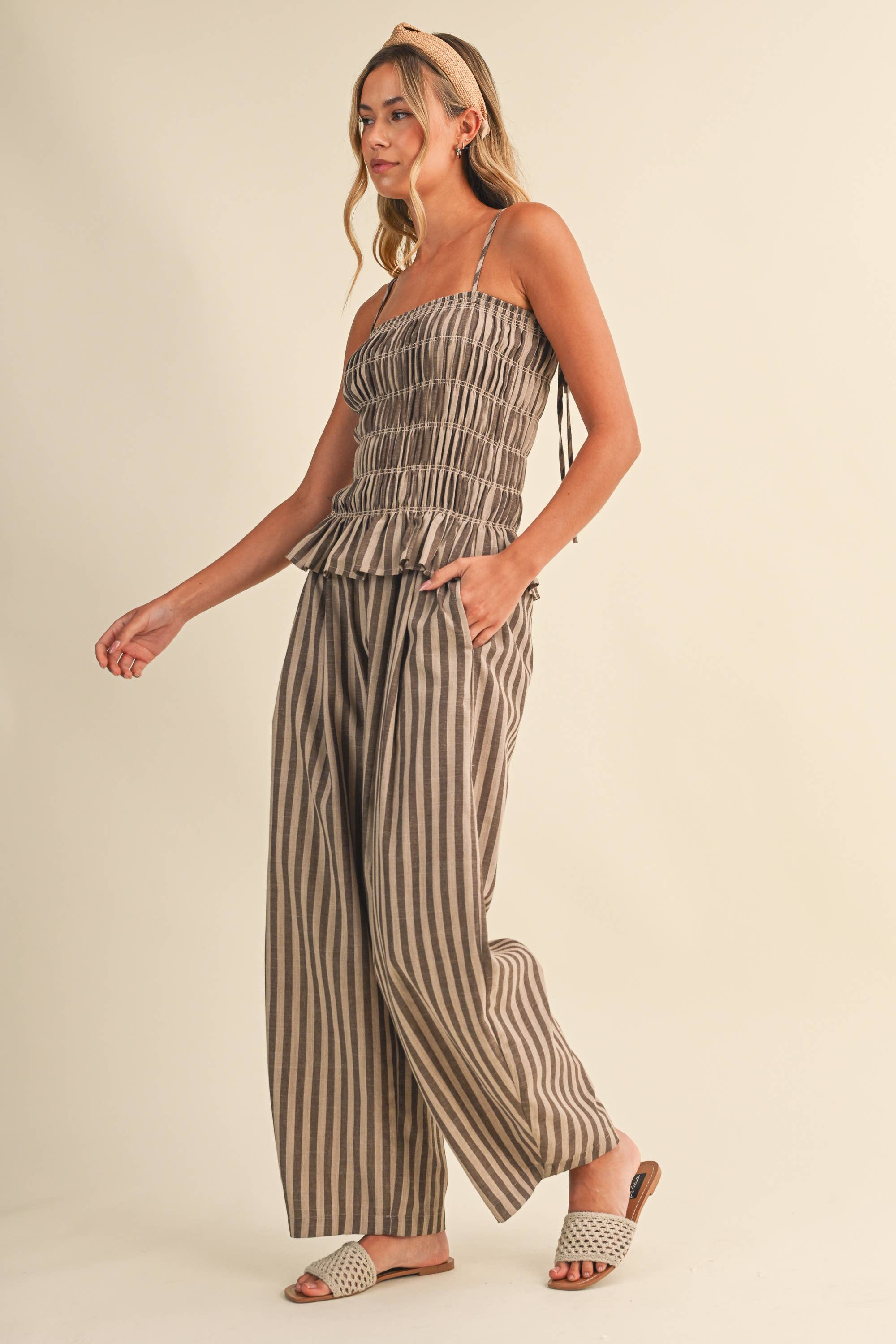 STRIPED RUFFLE HEM SMOCKED TOP PLAID WIDE LEG PANTS