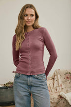 BUTTON FRONT ROUND NECK LONG SLEEVE KNIT TOP (multiple colors)