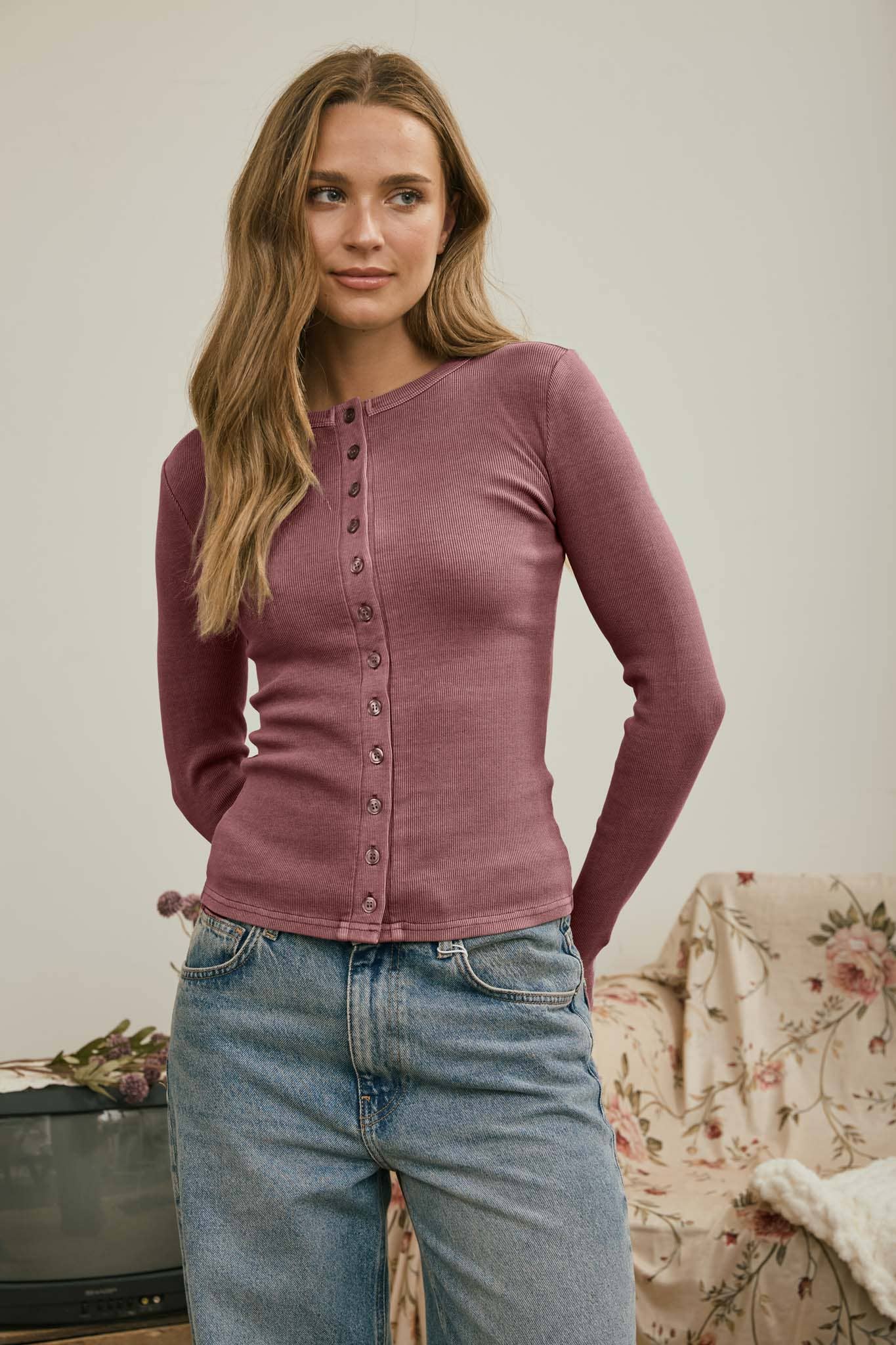 BUTTON FRONT ROUND NECK LONG SLEEVE KNIT TOP (multiple colors)