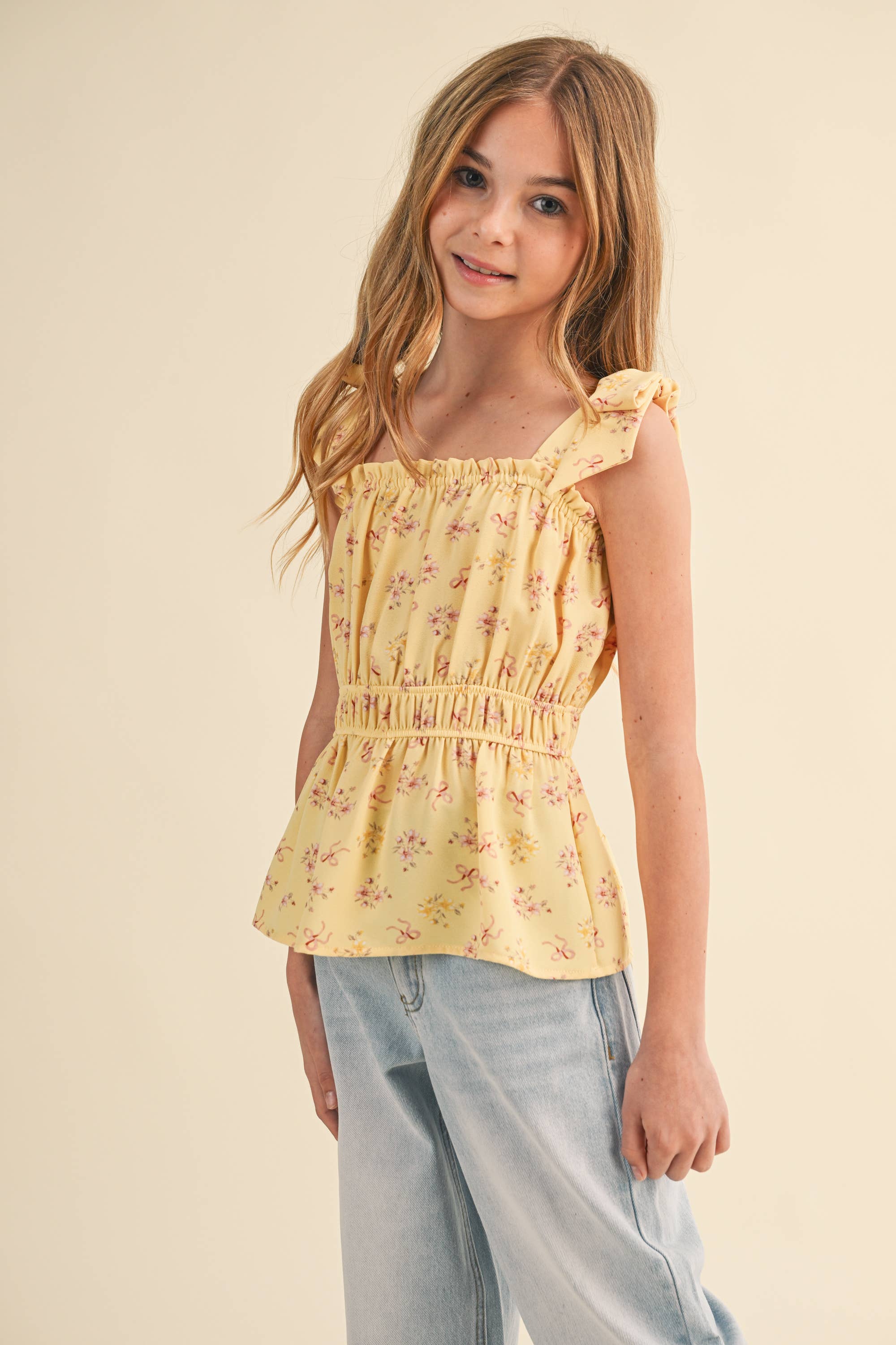 TWEEN GIRLS BOW SHOULDER PEPLUM TOP