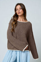 BOAT NECK CONTRAST TRIM LONG SLEEVE KNIT SWEATER