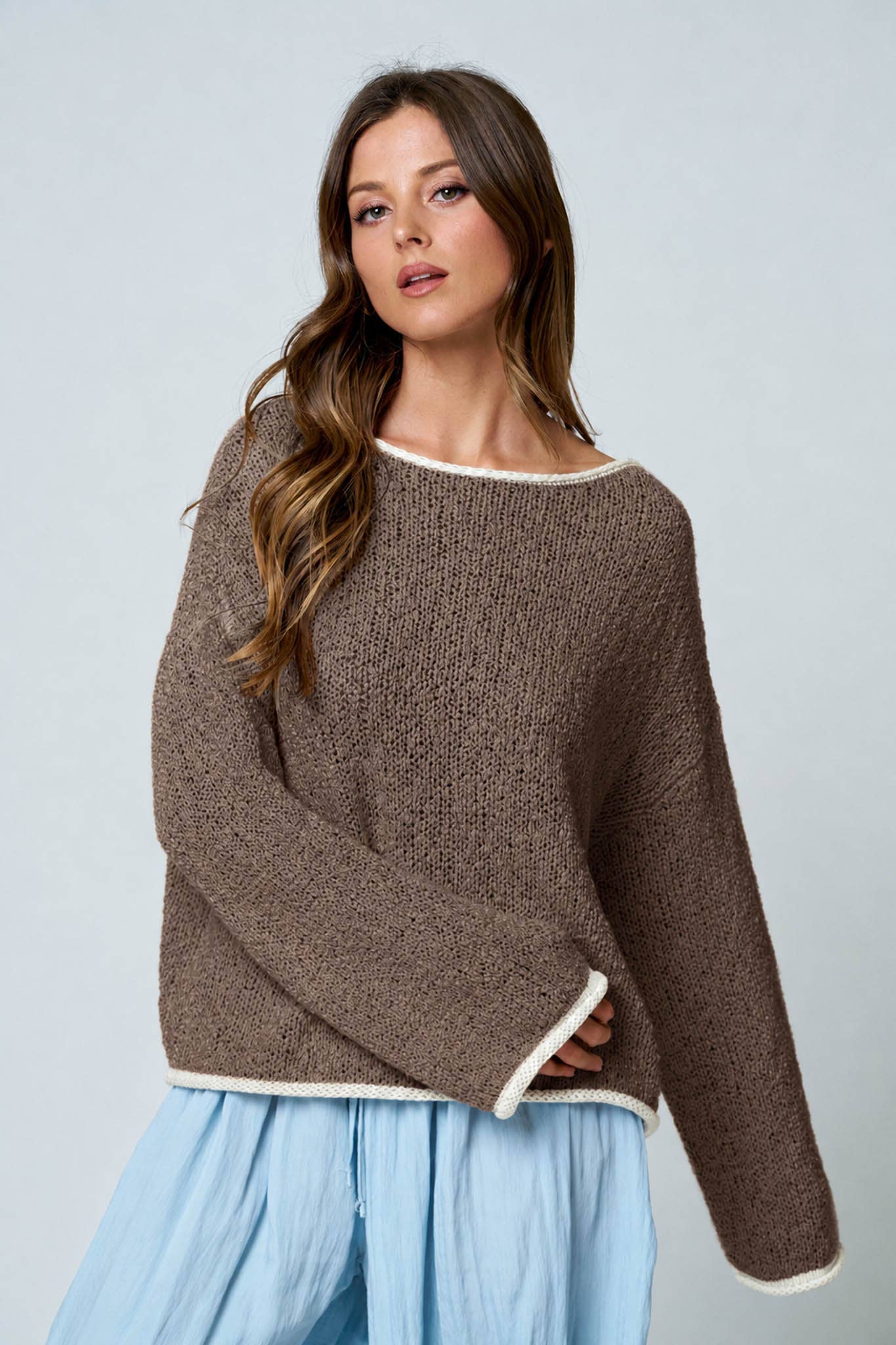 BOAT NECK CONTRAST TRIM LONG SLEEVE KNIT SWEATER