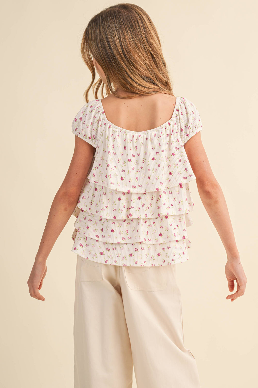 TWEEN GIRLS RUCHED SHOULDER RUFFLE CROPPED TOP