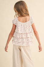 TWEEN GIRLS RUCHED SHOULDER RUFFLE CROPPED TOP
