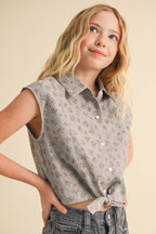 TWEEN GIRLS BUTTON UP CROPPED SHIRT
