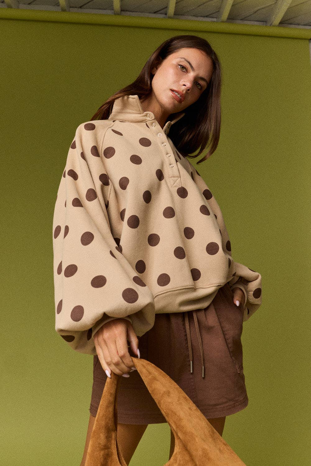 Collar Half-Snap Button  Polka Dot Sweatshirt