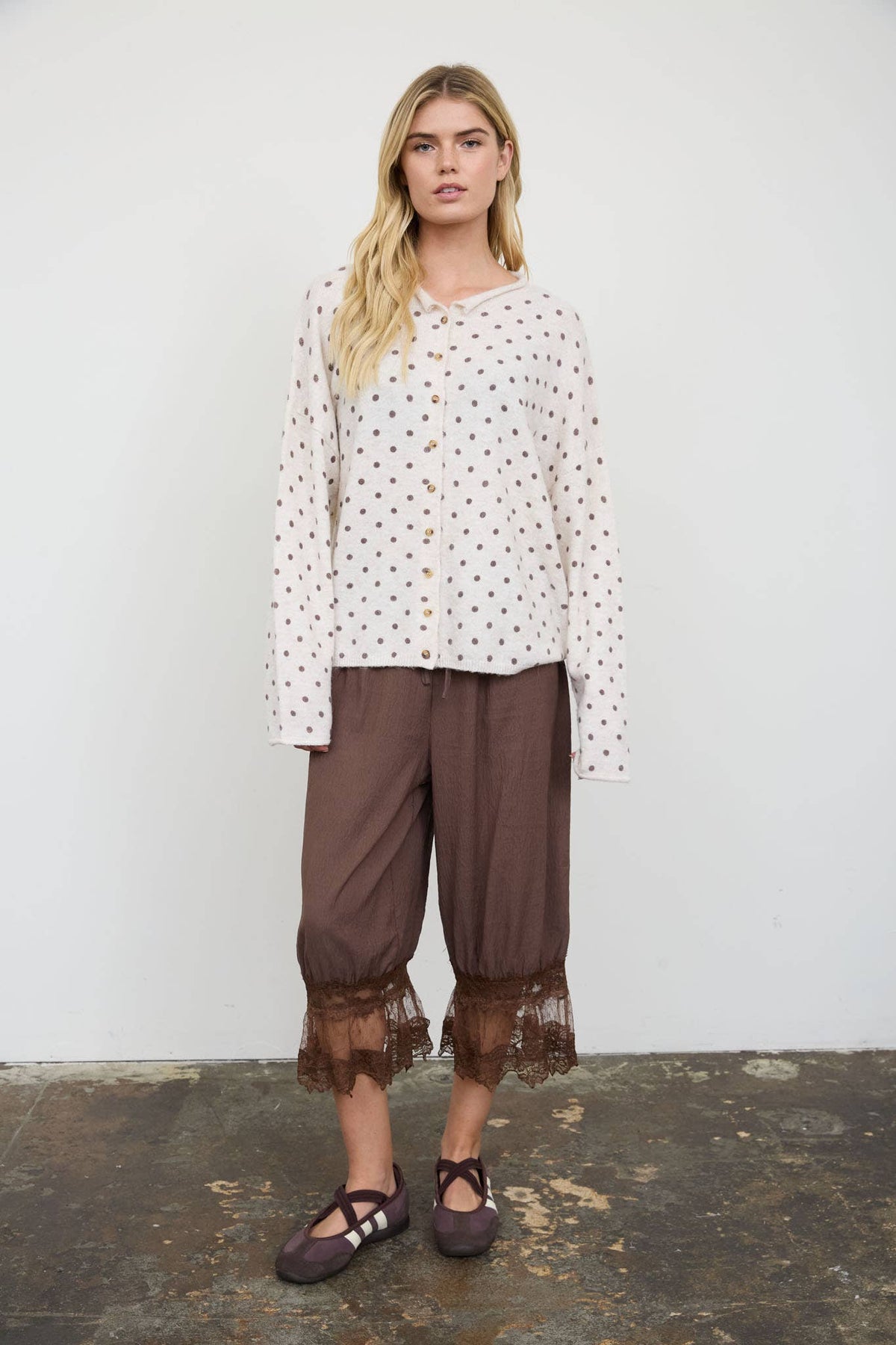 POLKA DOT BUTTON DOWN RAW EDGE KNIT CARDIGAN