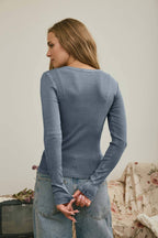 BUTTON FRONT ROUND NECK LONG SLEEVE KNIT TOP (multiple colors)