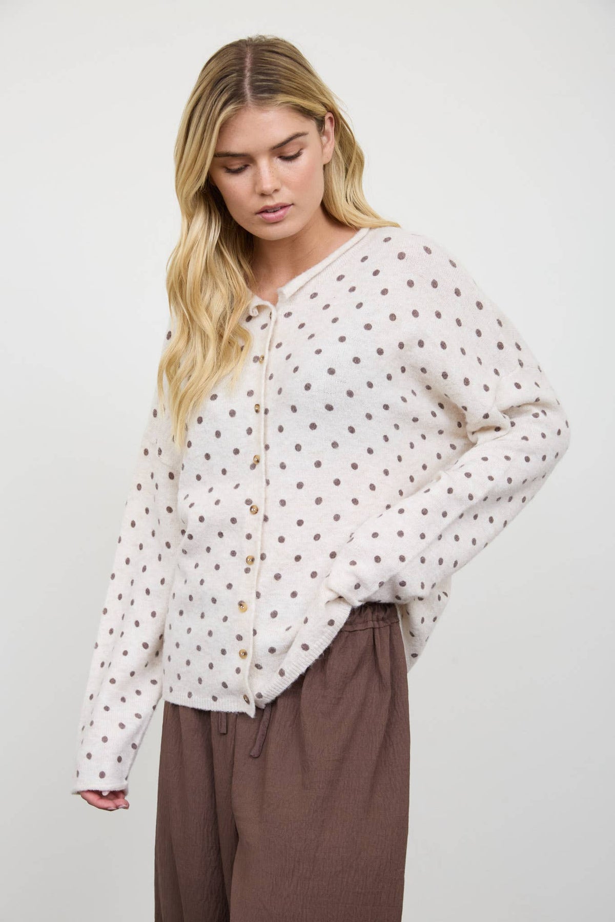 POLKA DOT BUTTON DOWN RAW EDGE KNIT CARDIGAN