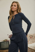 FITTED LONG SLEEVE RIBBED HENLEY KNIT TOP (multiple colors)