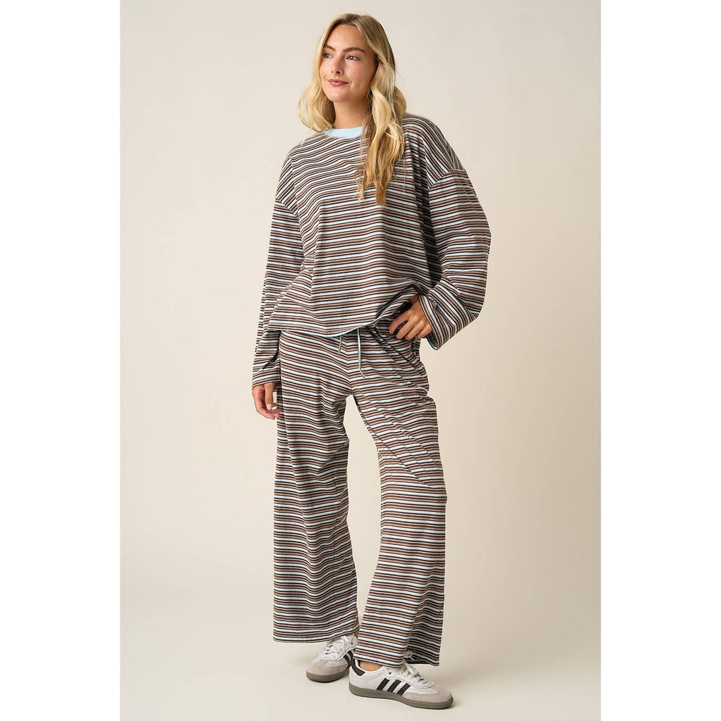STRIPED LONG SLEEVE AND WIDE LEG PANTS CASUAL SET