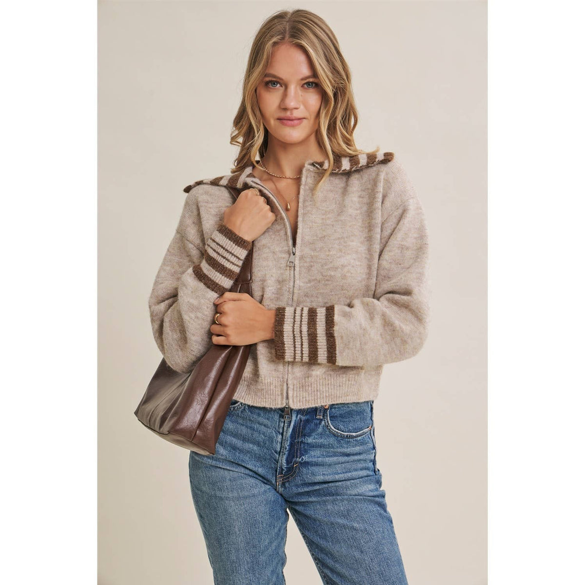 HARBOR MORNING WOOL STRIPE SAILOR COLLAR ZIP SWEATER JACKET