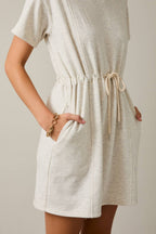 ROUND NECK SHORT SLEEVE WAIST TIE MINI DRESS