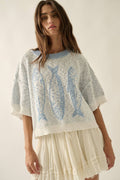 Three Fishes Textured Jacquard-Knit Short-Sleeve Sweater