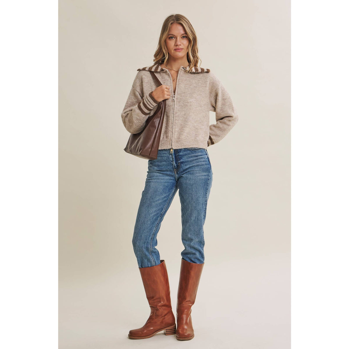 HARBOR MORNING WOOL STRIPE SAILOR COLLAR ZIP SWEATER JACKET