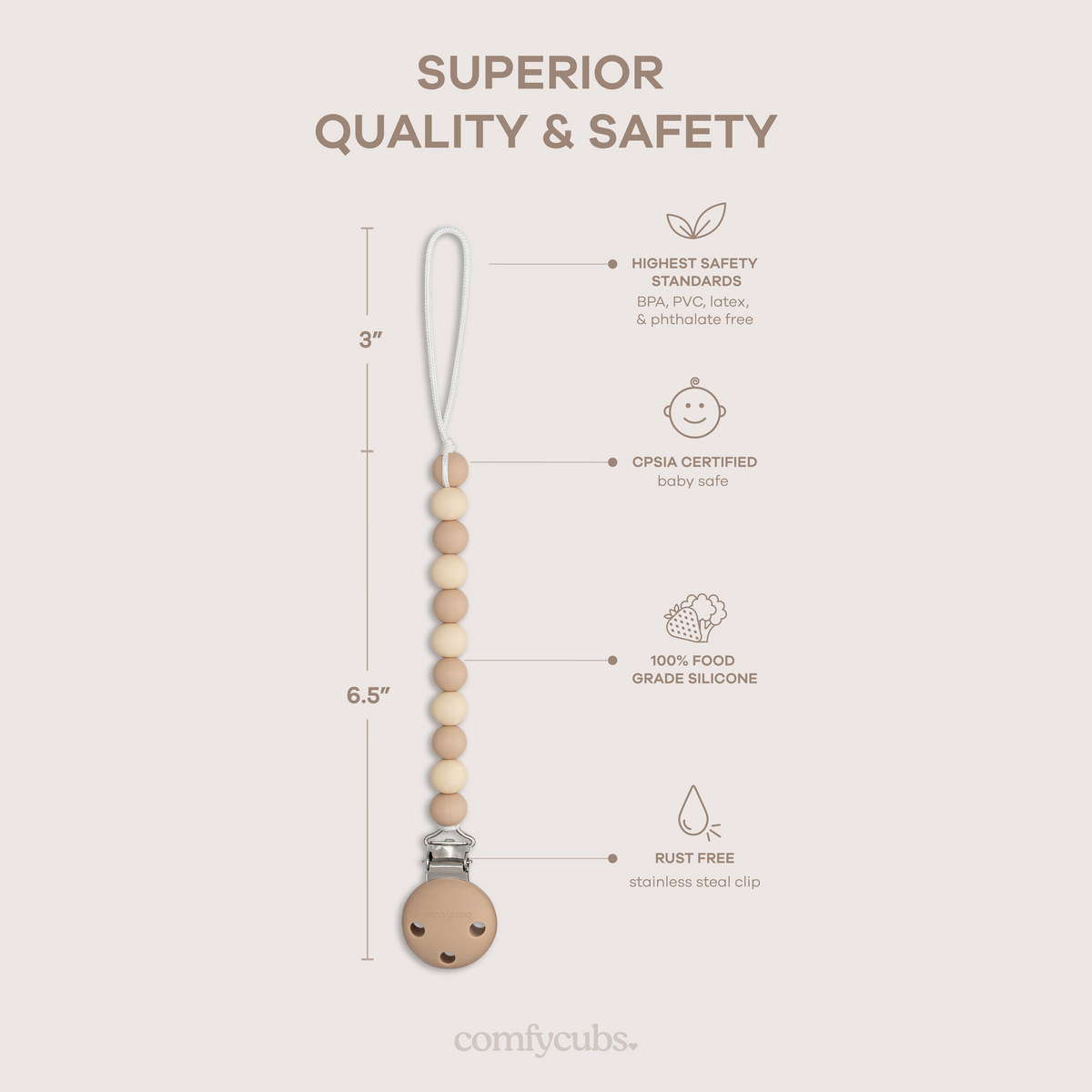 Baby Pacifier Clips, 100% Food Grade Silicone by Comfy Cubs