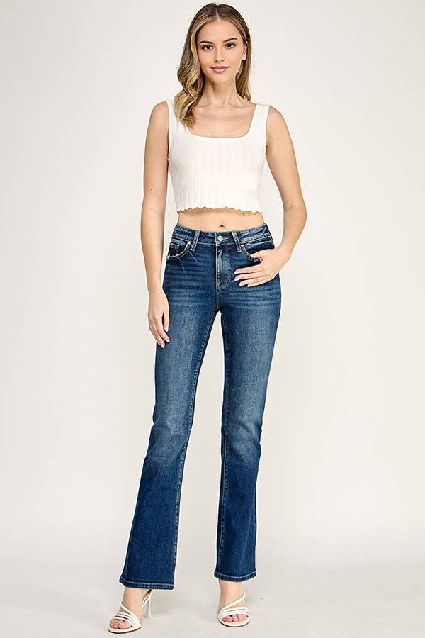 PATCH POCKET HIGH RISE STRETCH BOOTCUT JEANS