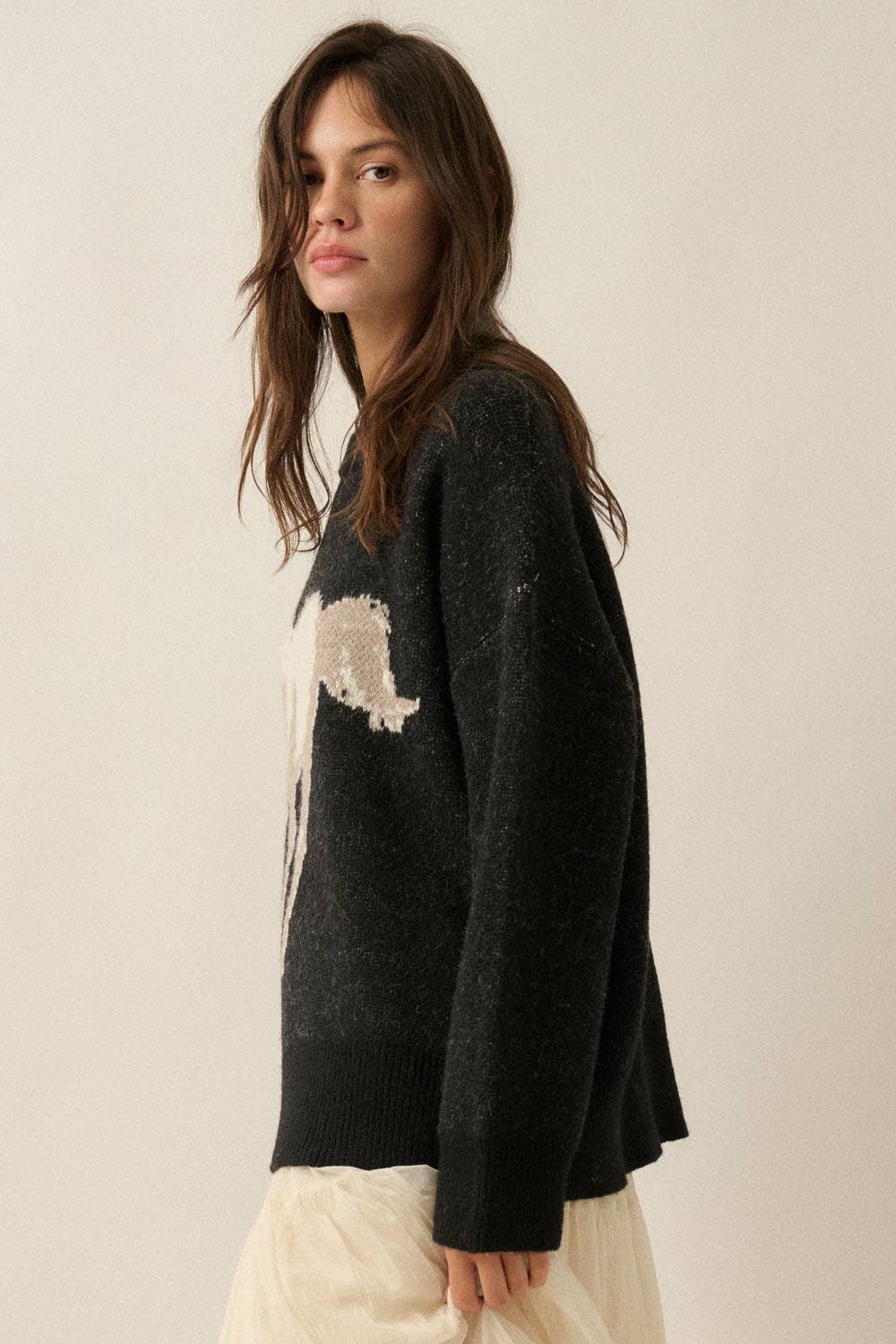 Horse Jacquard-Knit Loose-Fit Drop-Shoulder Sweater