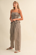 STRIPED RUFFLE HEM SMOCKED TOP PLAID WIDE LEG PANTS