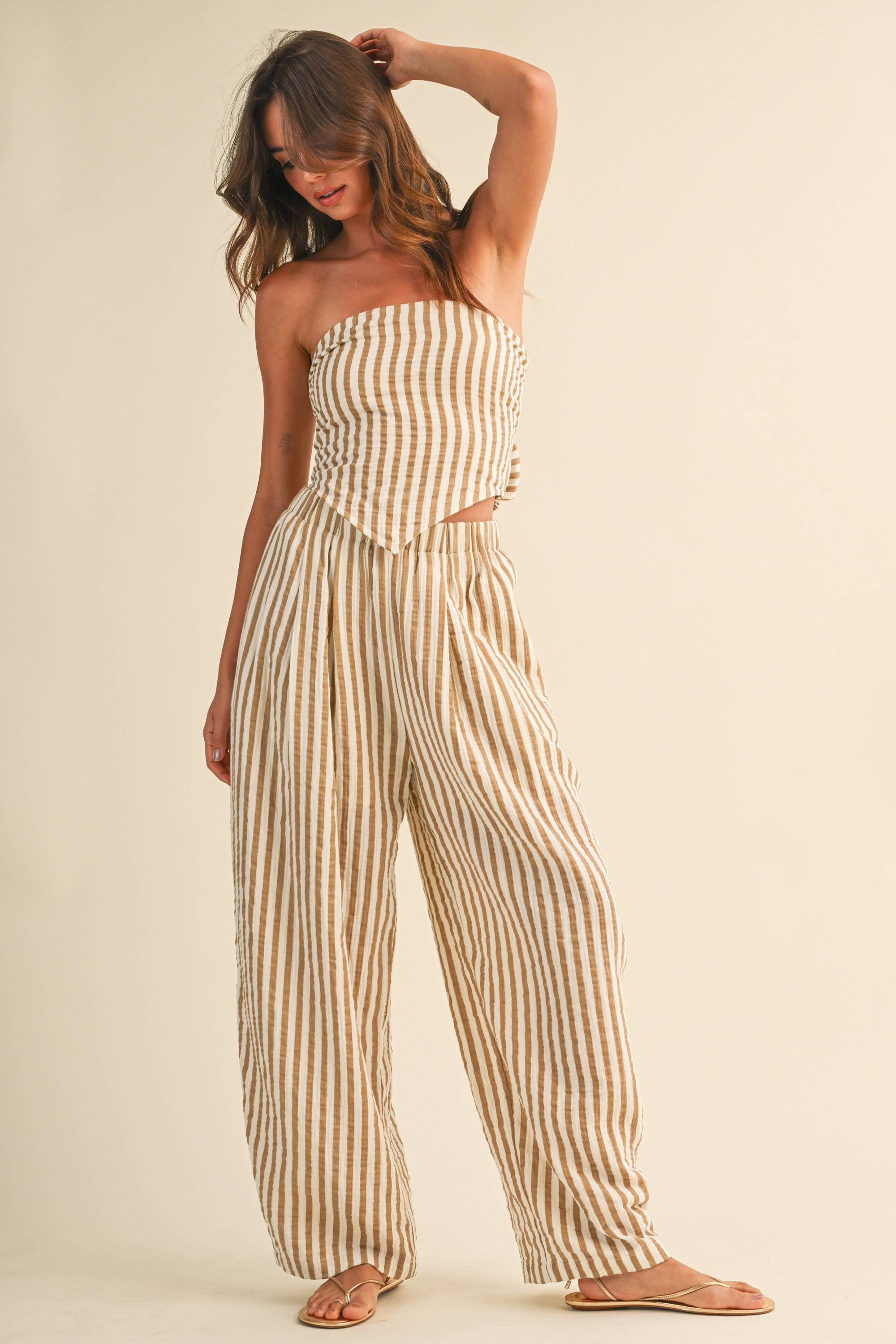 STRIPED SMOCKED BACK TIE HANDKERCHEIF TOP AND BARREL