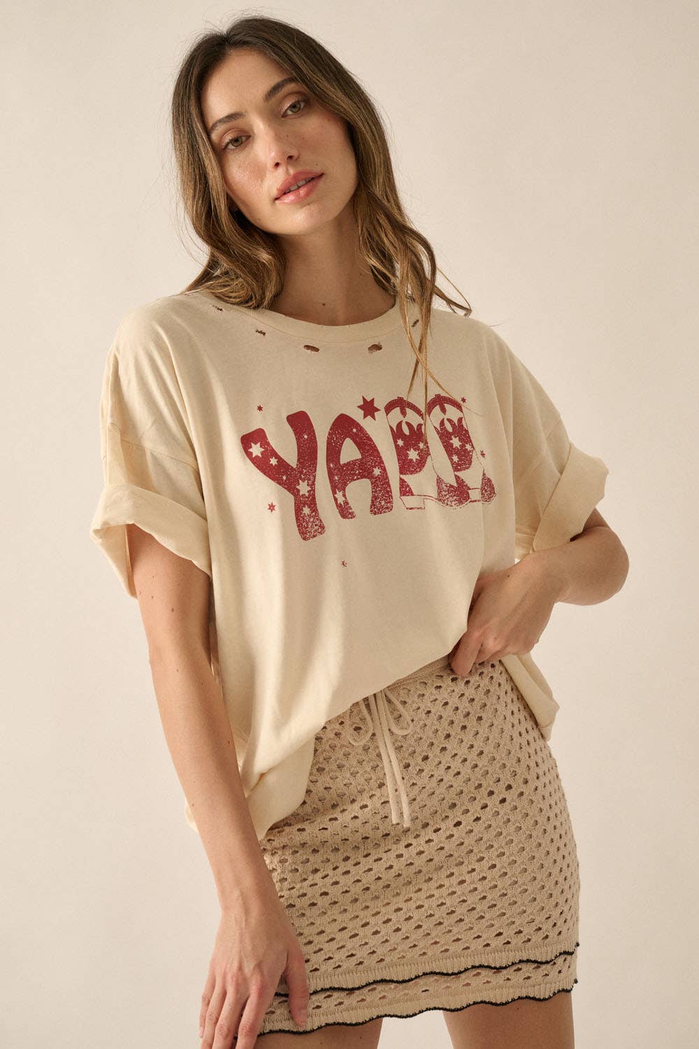Yall Cowboy Distressed Vintage-Wash Western Graphic Tee