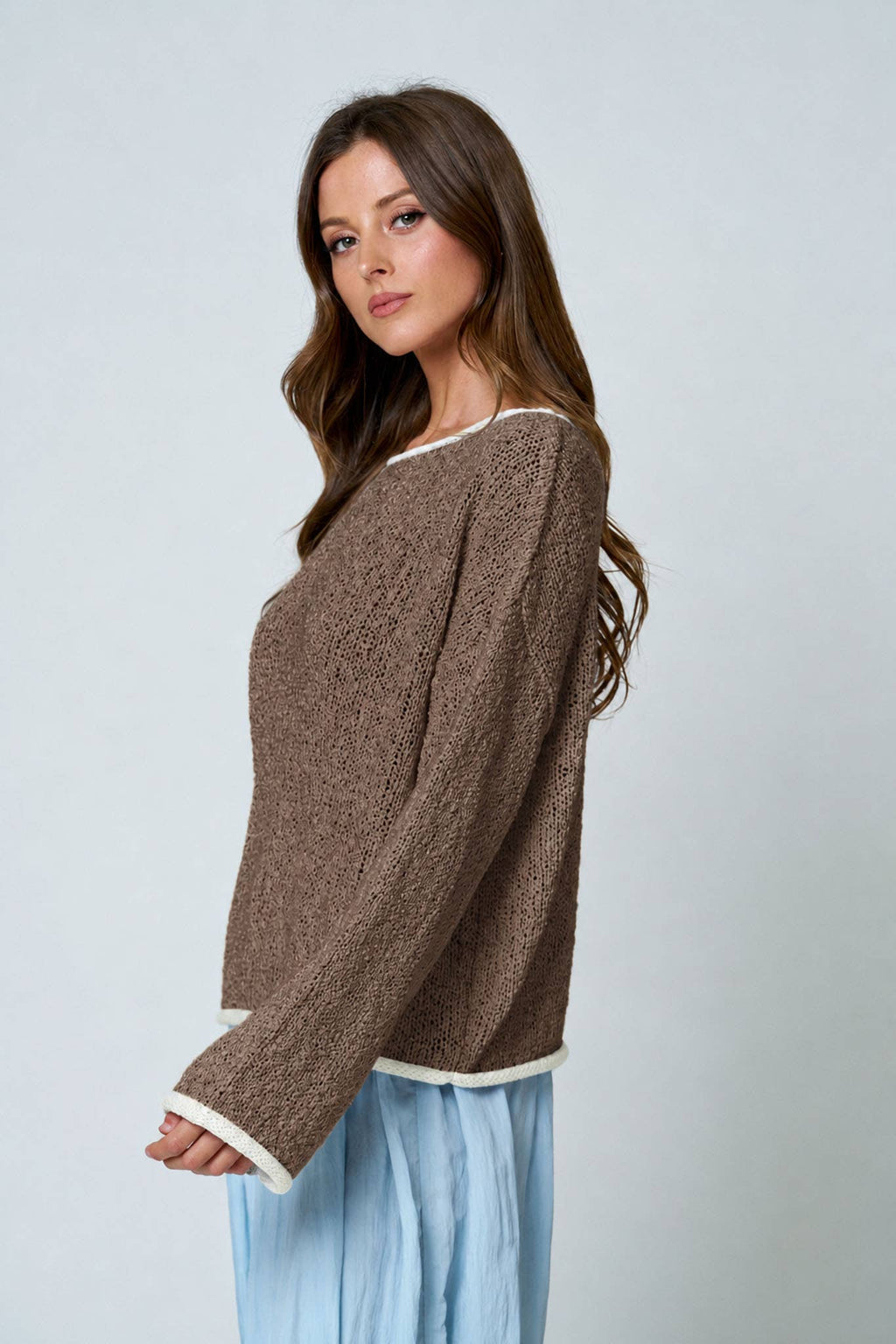 BOAT NECK CONTRAST TRIM LONG SLEEVE KNIT SWEATER