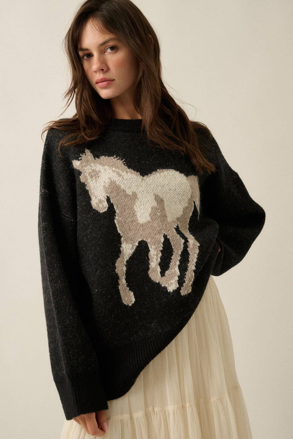 Horse Jacquard-Knit Loose-Fit Drop-Shoulder Sweater