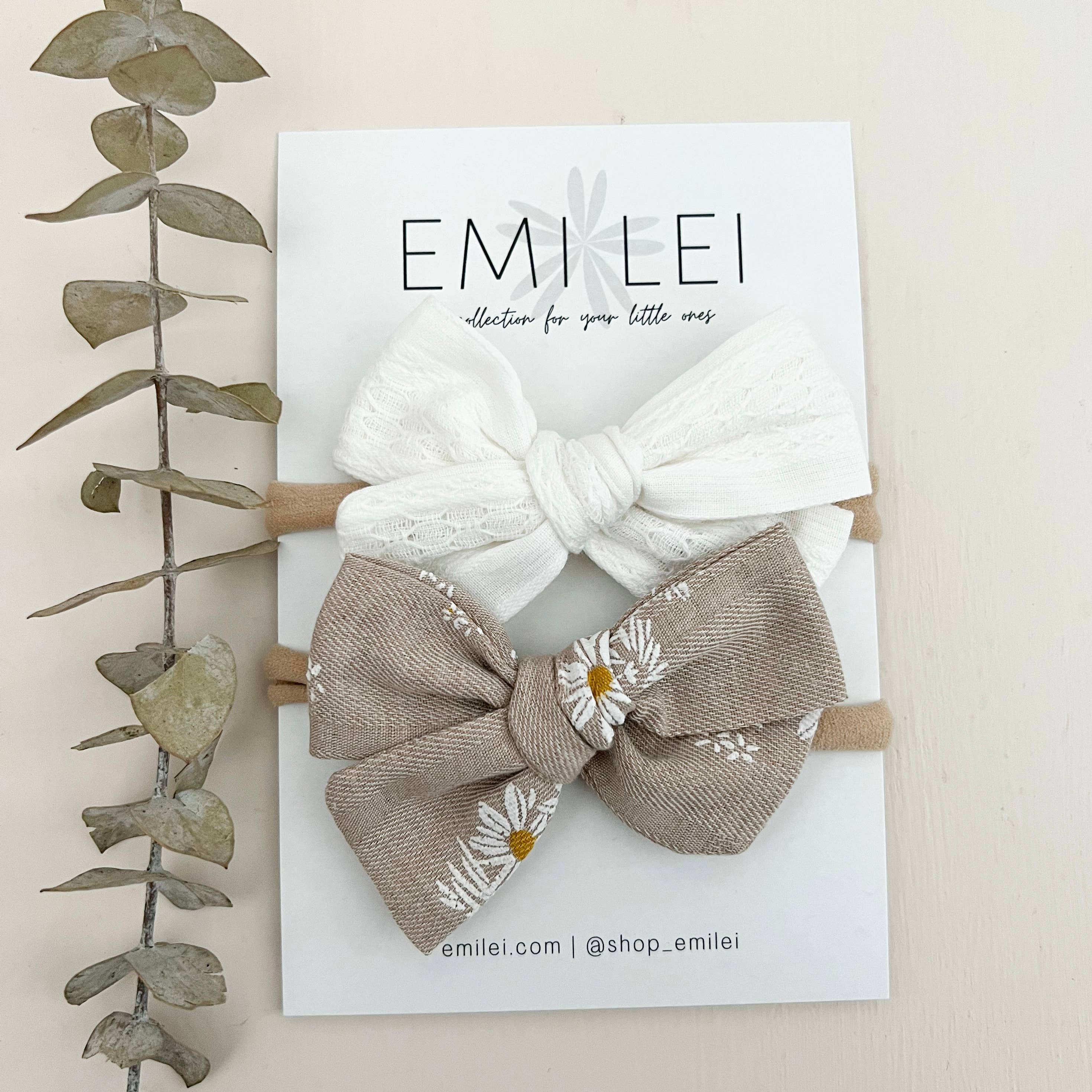 Nylon Stretchy Bow Headband Set - Stitched White/Neu Daisy