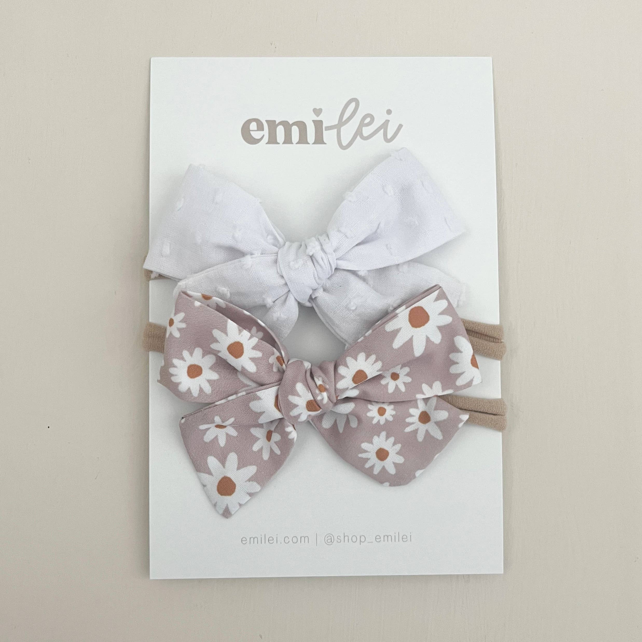 Nylon Stretchy Bow Headband Set - Pink Daisy/White
