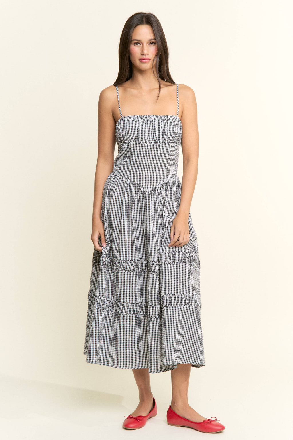 Gingham Smocked Bodice Tiered Midi Dress