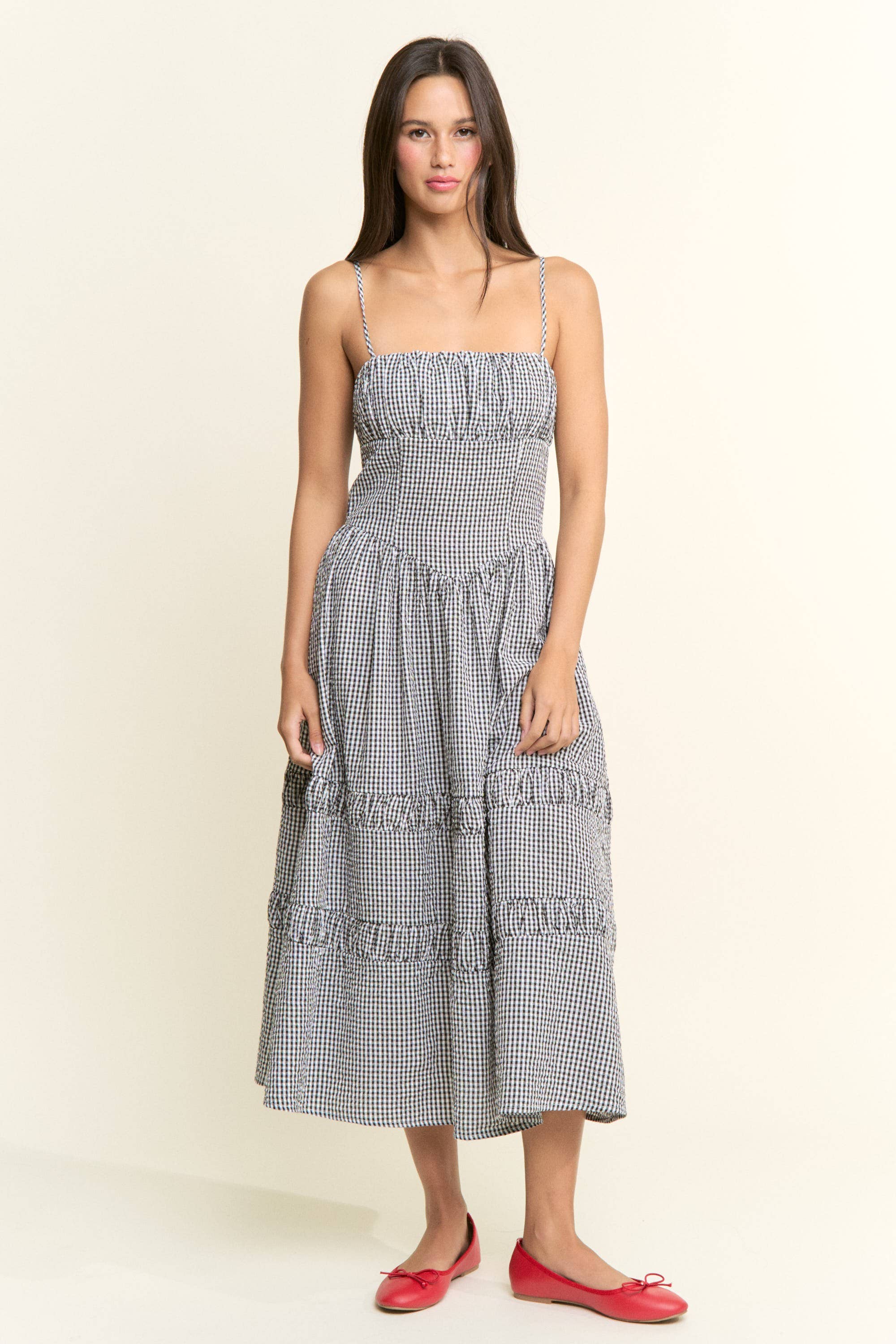 Gingham Smocked Bodice Tiered Midi Dress