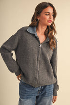 LONGSLEEVED ZIP UP JACKET WITH DENIM COLLAR DETAIL