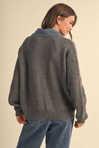 LONGSLEEVED ZIP UP JACKET WITH DENIM COLLAR DETAIL