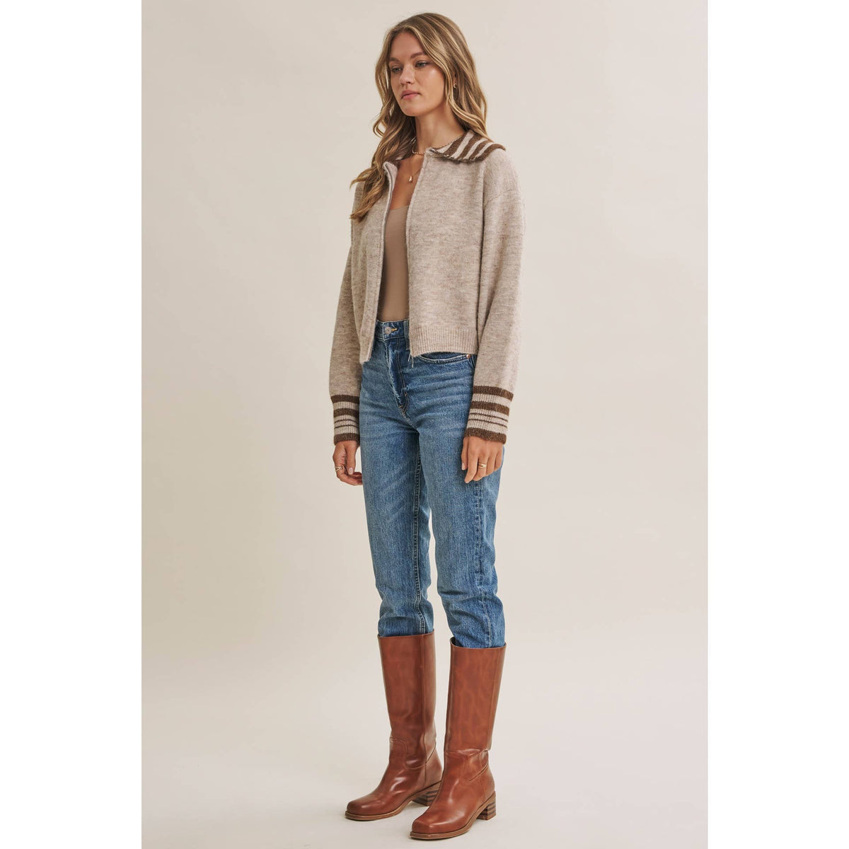 HARBOR MORNING WOOL STRIPE SAILOR COLLAR ZIP SWEATER JACKET