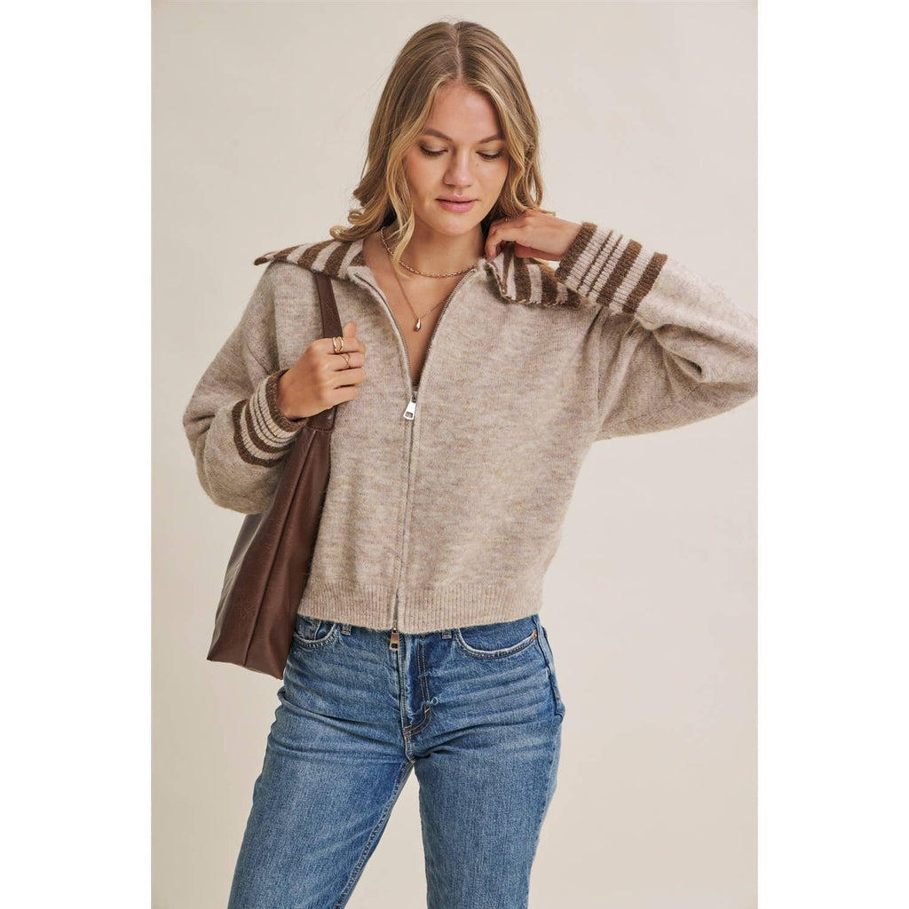 HARBOR MORNING WOOL STRIPE SAILOR COLLAR ZIP SWEATER JACKET