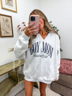 Boy Mom Split Neck Graphic Crewneck on Ash Gray